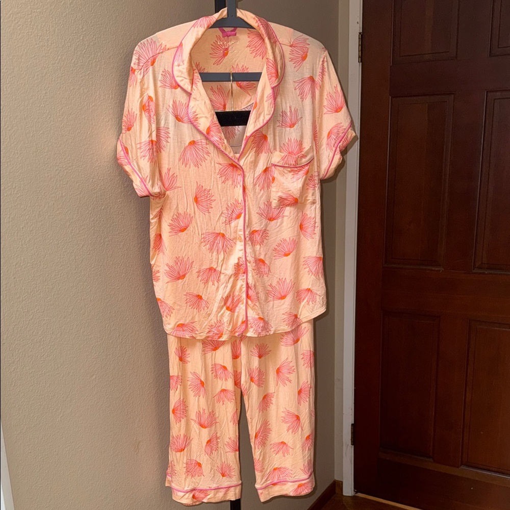 Kate Spade Falling Flower 2 Piece Pajama Set Pink Orange Women’s Size XL